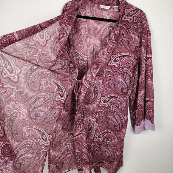 Valerie Stevens Robe Mauve Chiffon Paisley Print Lace Accent Cuffs Size L - Picture 7 of 15